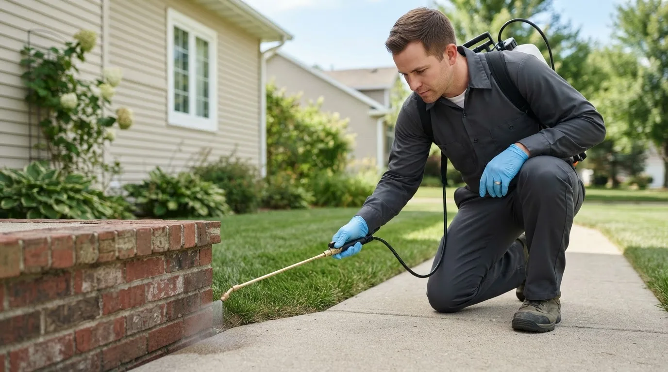 Pest control technician treating a home near Baker, CA