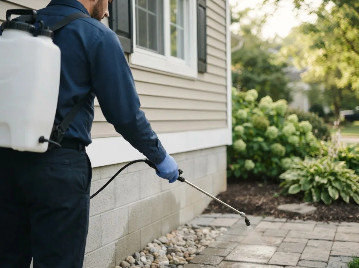 Pest control technician inspecting a home in Baker, CA